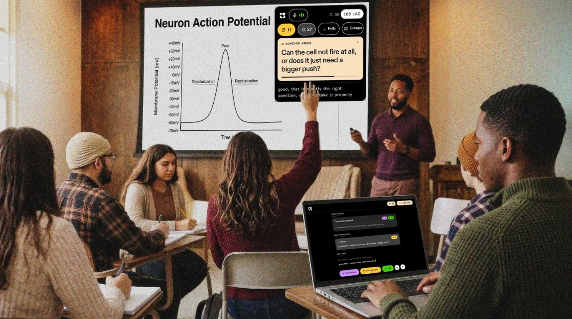 A neuroscience lecture: Colaj sits in the corner of the front screen, showing a student's question and live captions
