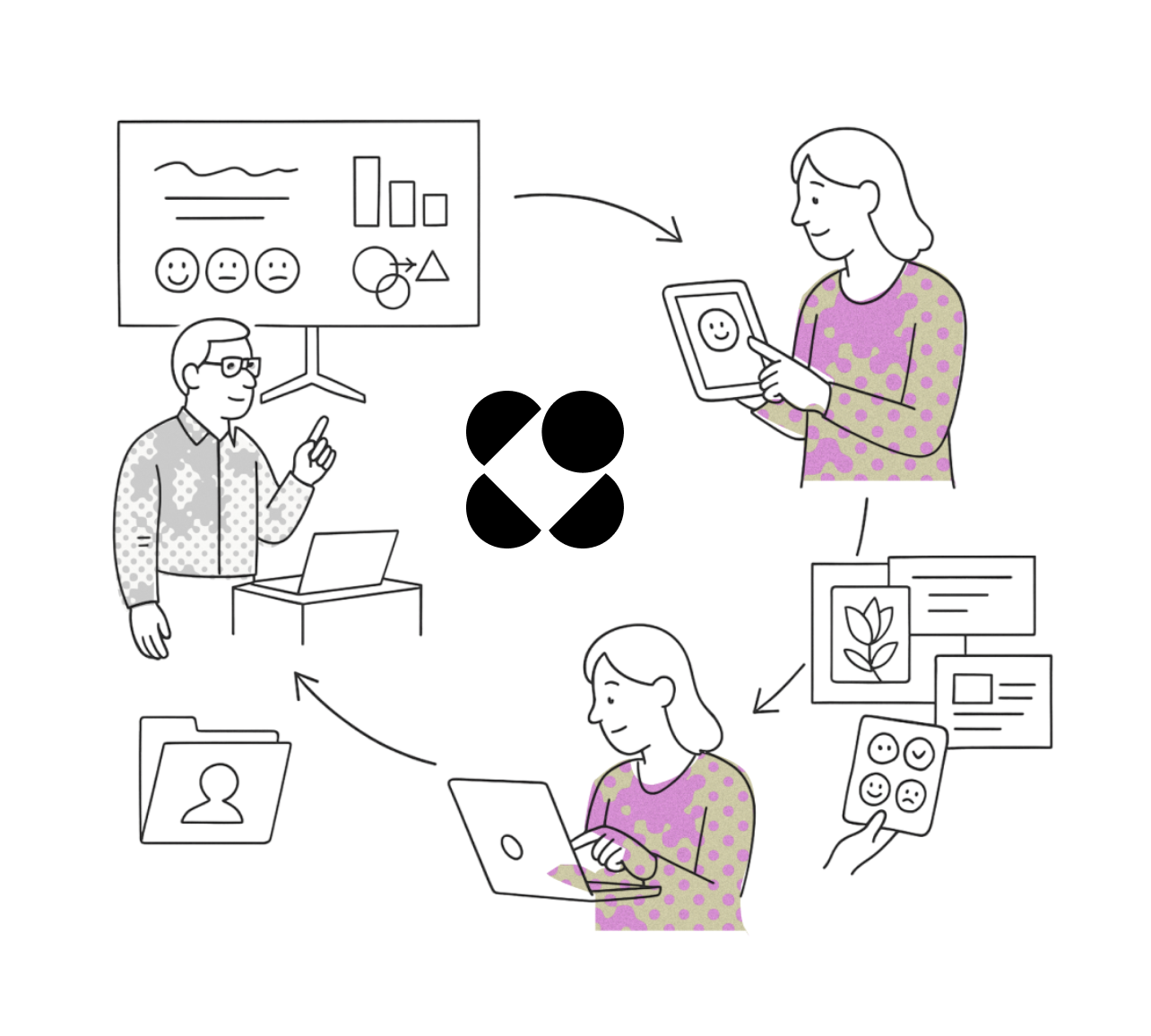 Illustration showing instructor and students engaging with Colaj