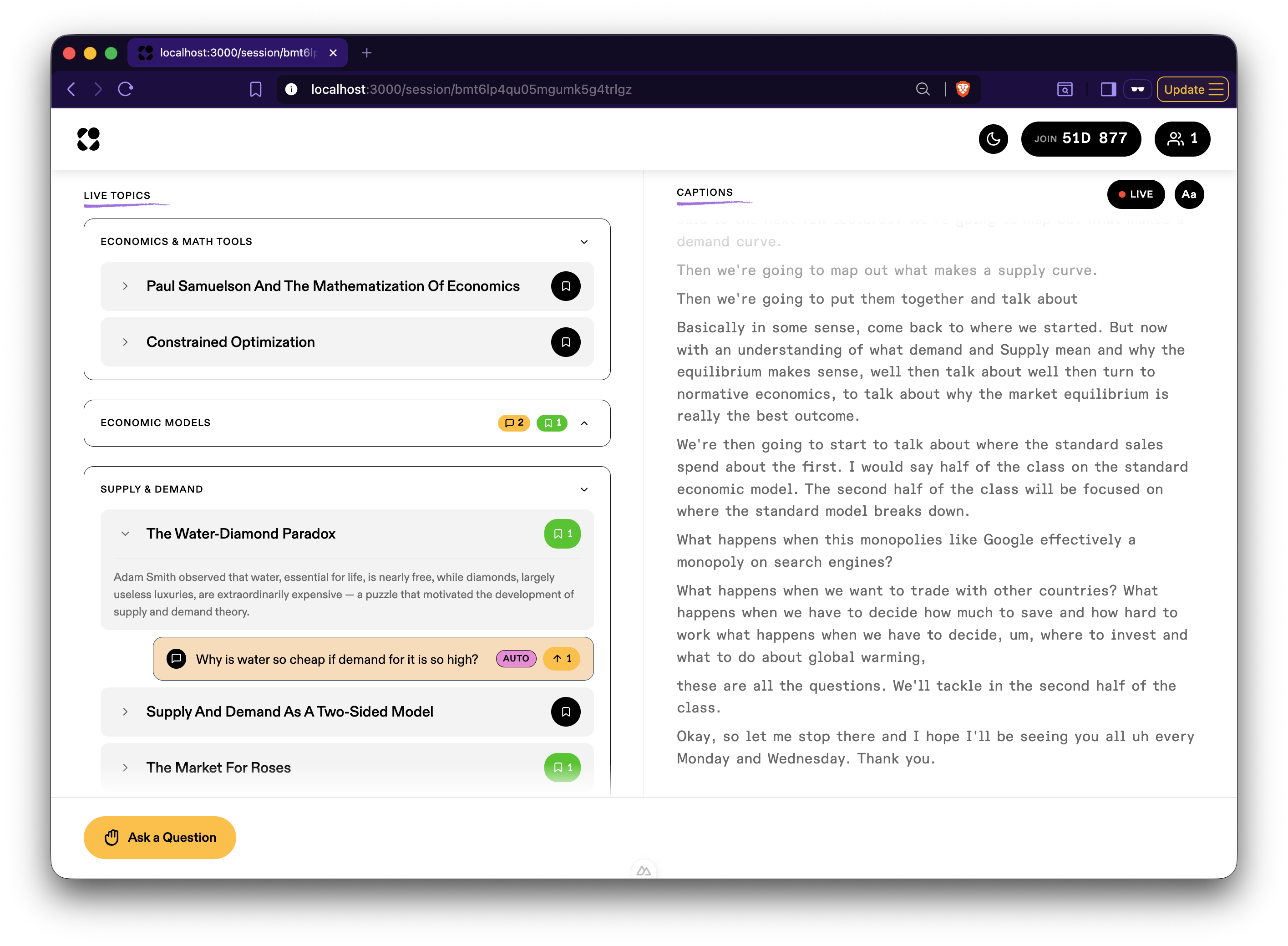 Colaj student view showing lecture outline